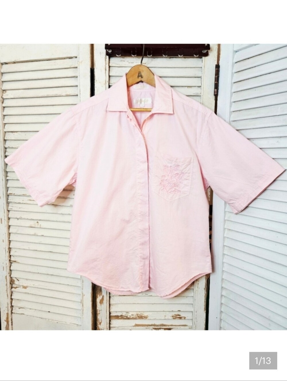 Vintage 90s Soft Pink 100% Cotton Embroidered Pocket Short Sleeve Bouse S/M